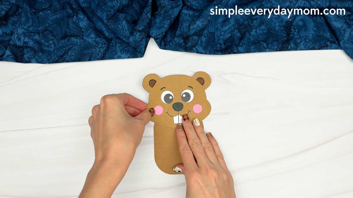 Hands gluing the cheeks onto the beaver’s face for the Beaver Name Craft.