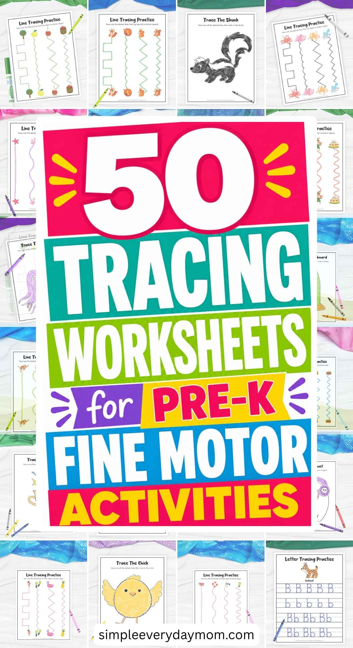 Graphic promoting 50 pre-K tracing worksheets for fine motor practice, with examples of tracing activities in the background.