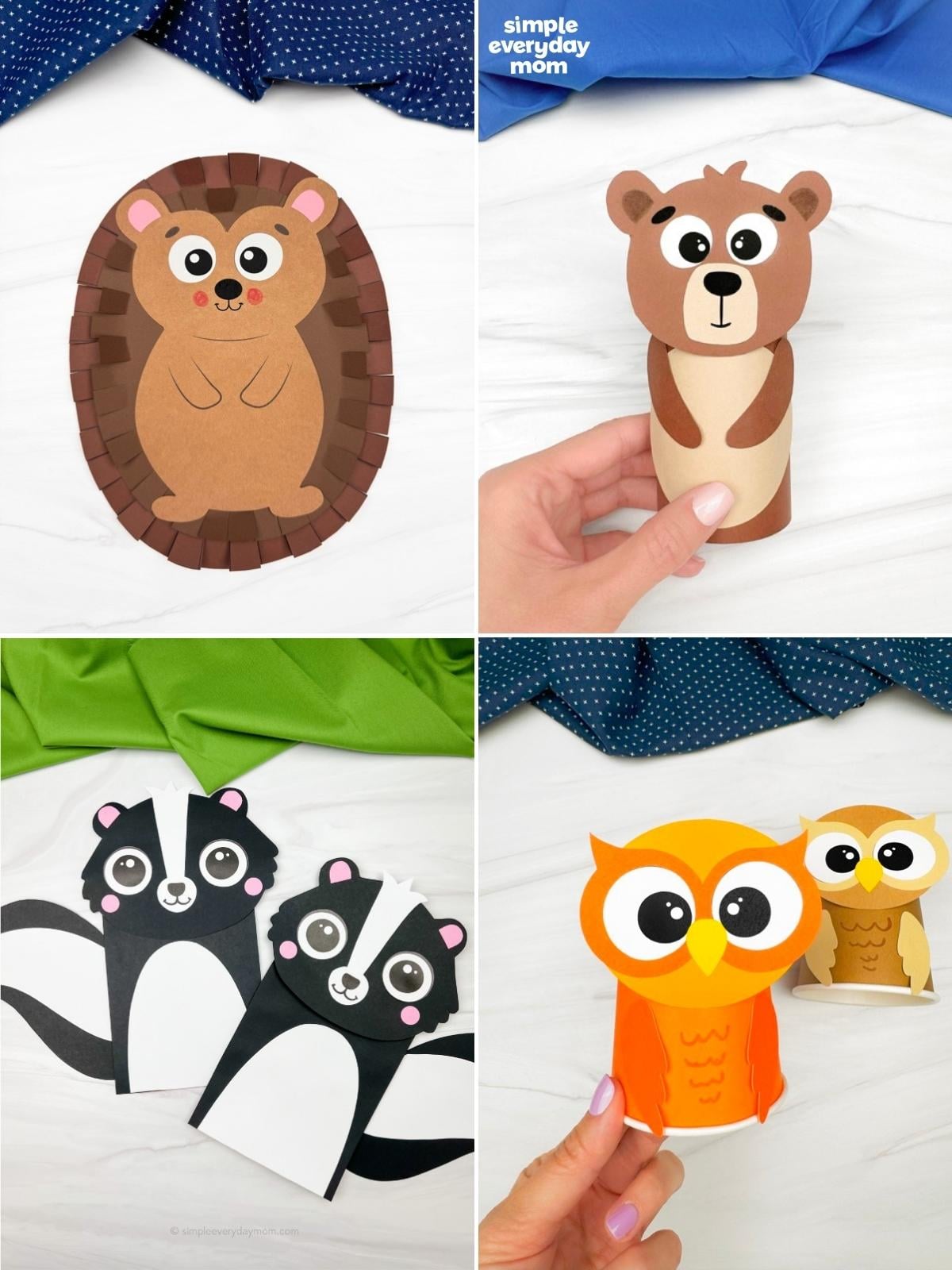 Collage of four woodland animal paper crafts: a hedgehog, a bear made from a cardboard tube, two skunks, and two owl figures.