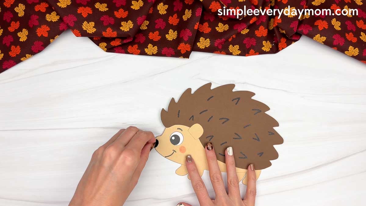 Hands attaching the nose to the front of the hedgehog face.