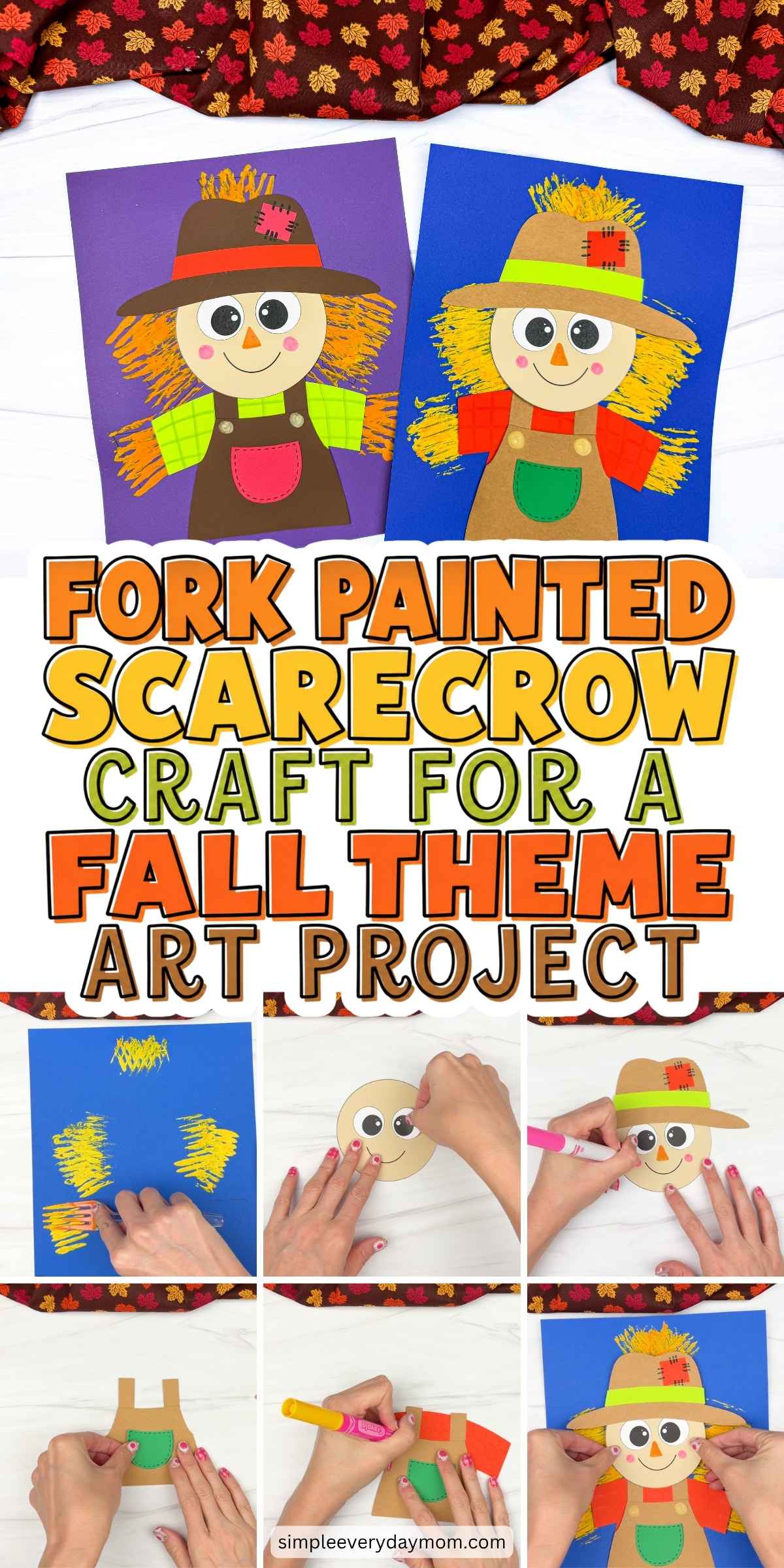 Collage of a fork painted scarecrow craft with completed examples and step by step photos showing the painting and assembly process.