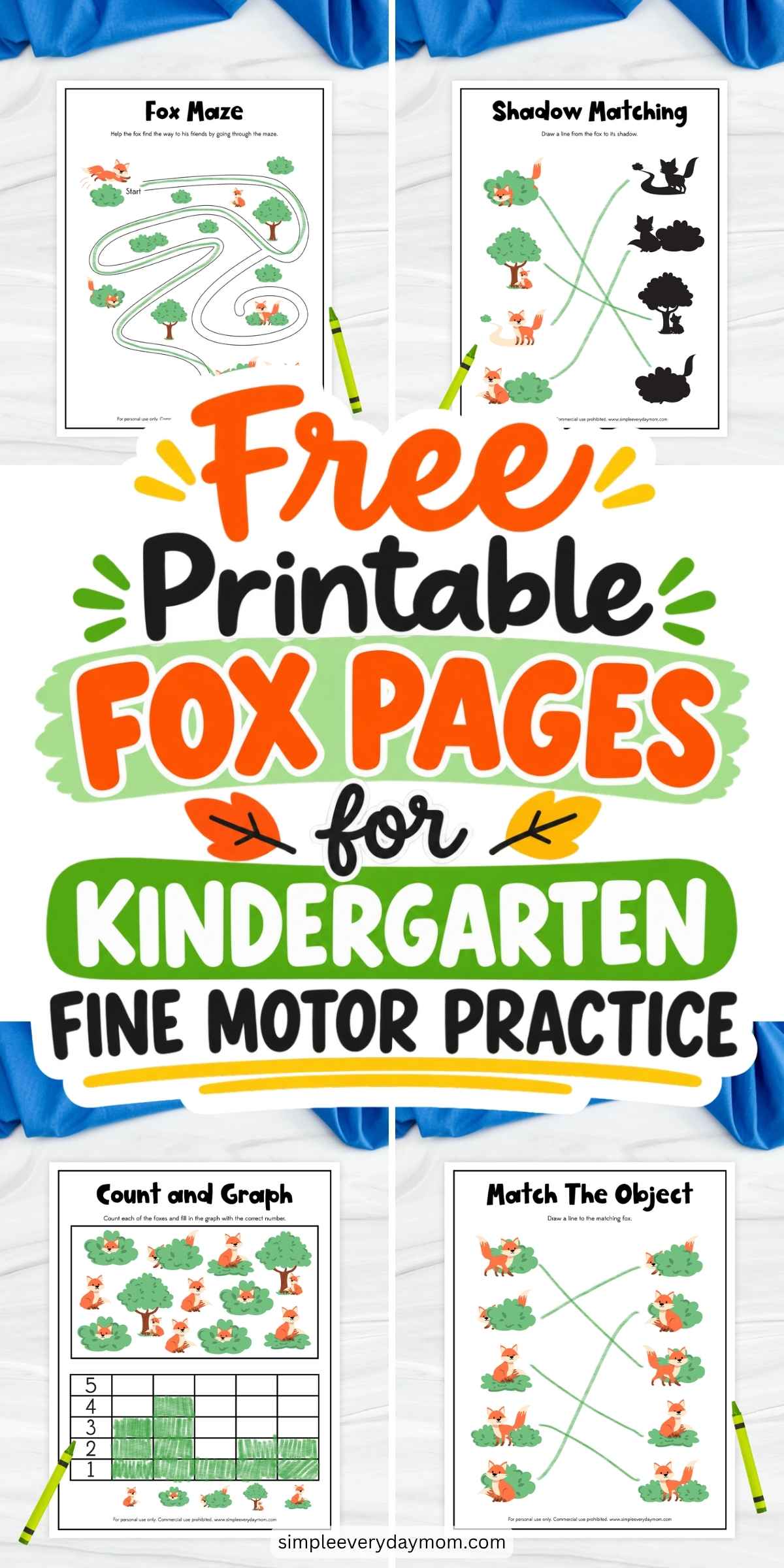 Collage of four fox activity worksheets featuring a maze, shadow matching, counting and graphing, and object matching. The printable activities help kindergarten children practice fine motor skills, counting, visual matching, and problem-solving. Large colorful text in the center reads “Free Printable Fox Pages for Kindergarten Fine Motor Practice.”