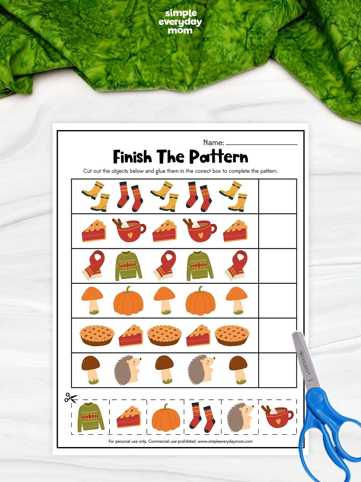 This printable fall pattern worksheet helps kids build early math and sequencing skills by completing fun autumn-themed patterns. Children cut out the picture pieces and glue them into the correct spaces to strengthen pattern recognition, problem-solving, scissor skills, and fine motor development. Perfect for preschool, pre-K, kindergarten, homeschool, classroom centers, or small group fall activities.