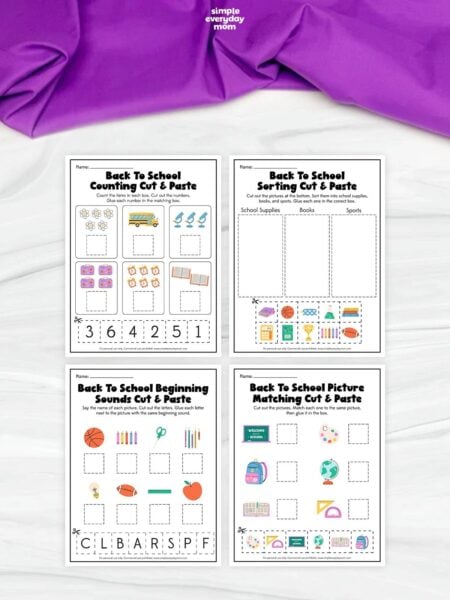 These back to school cut and paste worksheets give kids four hands-on ways to practice important early learning skills. Children can work on counting, sorting, beginning sounds, and picture matching while cutting and gluing the pieces into the correct spaces. The activities help build early math and literacy skills, visual discrimination, fine motor skills, and scissor practice.