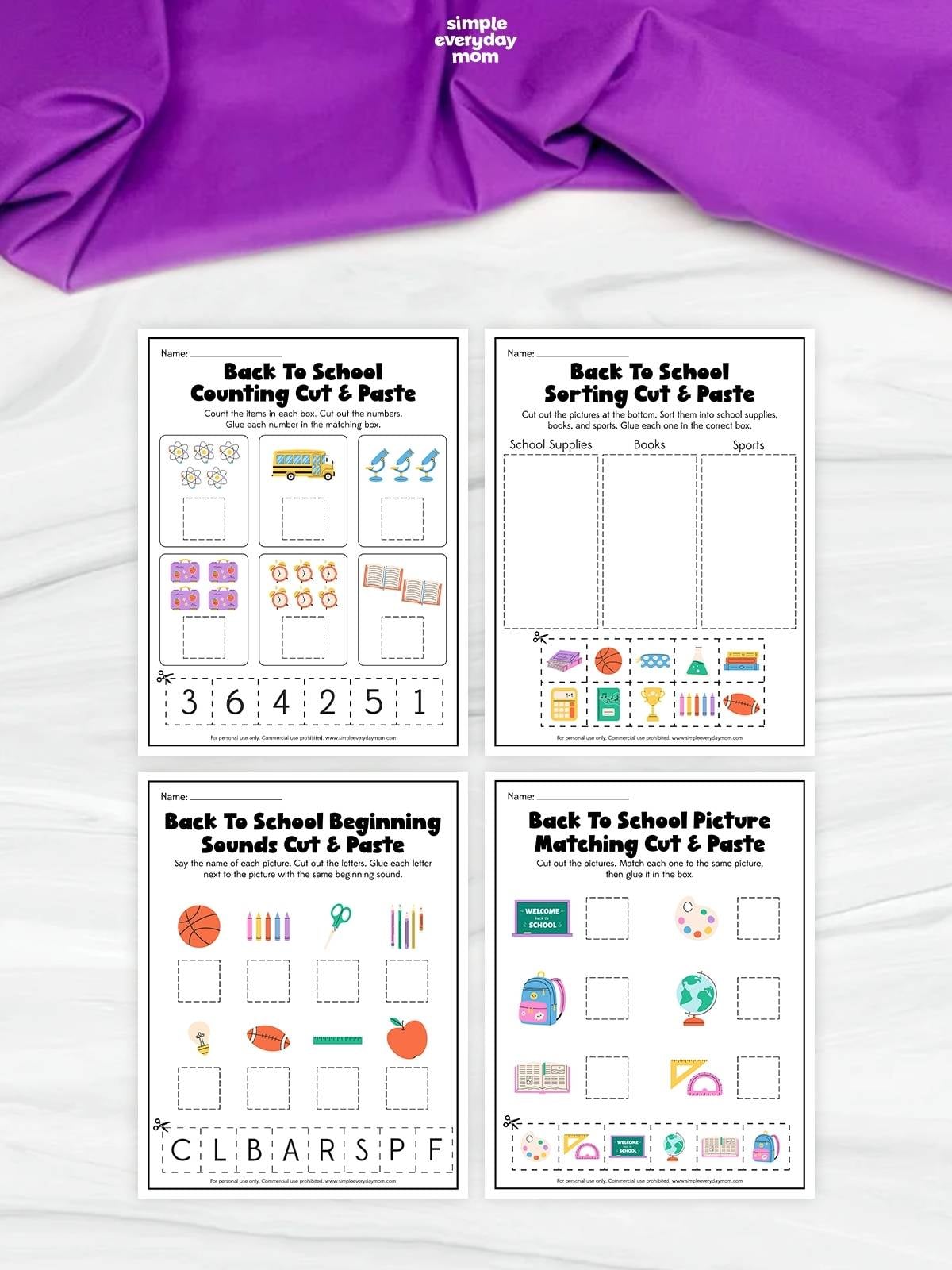 Four back-to-school cut-and-paste worksheets featuring counting, sorting, beginning sounds, and picture-matching activities with colorful school-themed illustrations.