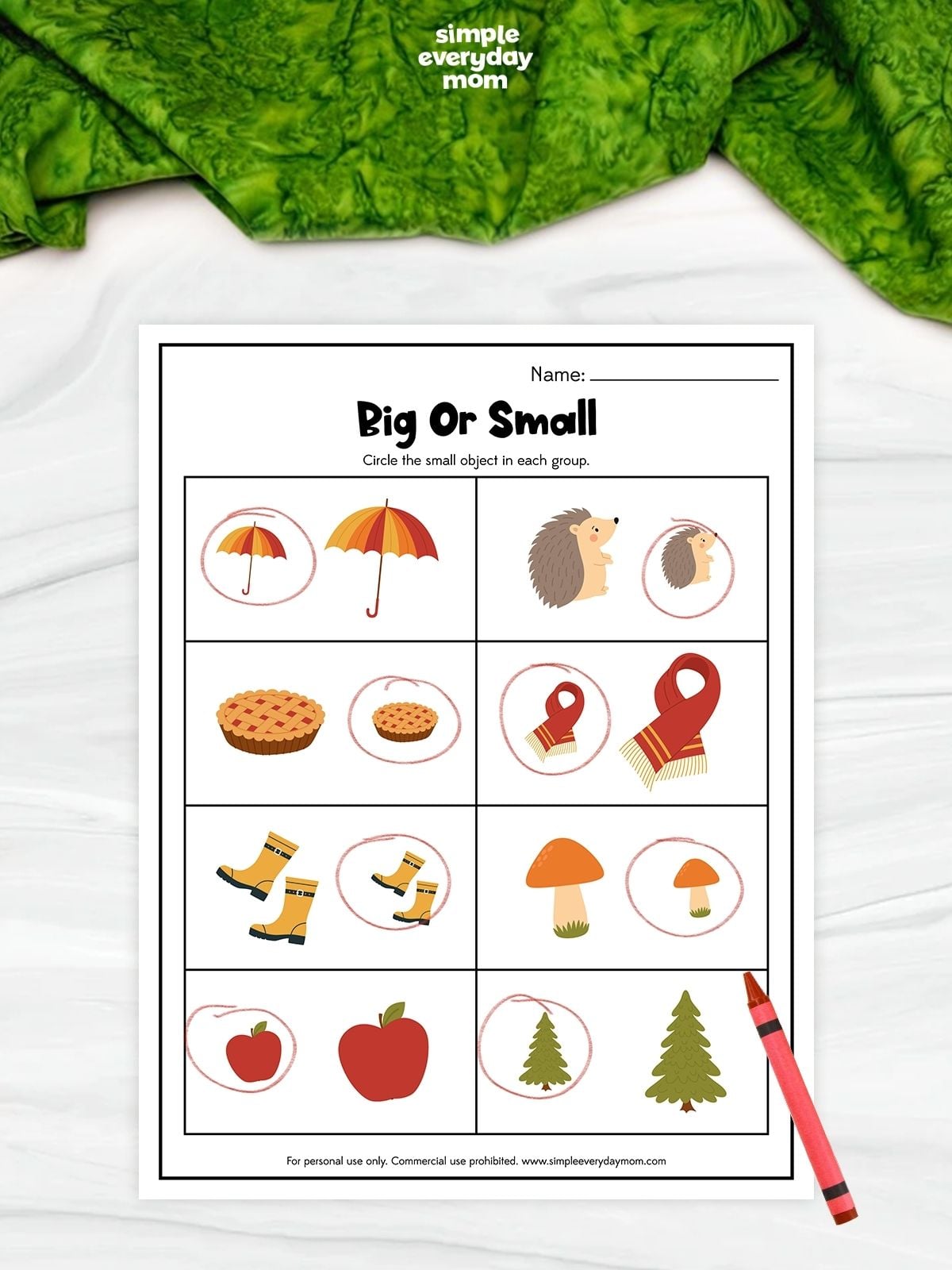 This printable big or small worksheet helps kids compare object sizes with fun fall-themed pictures. Children look at each pair and circle the smaller object while building visual discrimination, comparison skills, and early math concepts. Perfect for preschool, pre-K, kindergarten, homeschool, classroom centers, or independent fall learning.