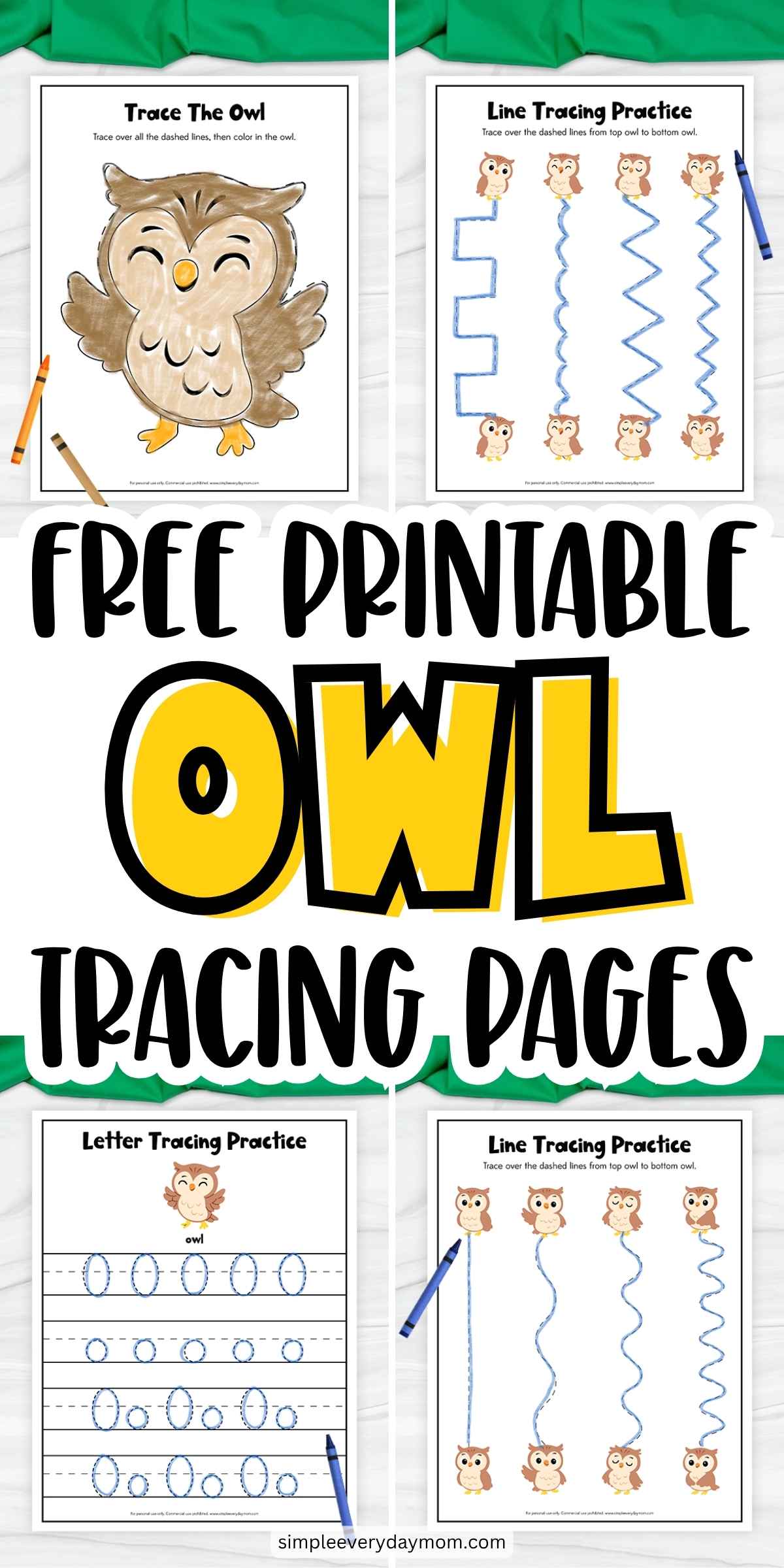 Free printable owl tracing pages featuring letter O tracing, line-tracing practice, and a trace-and-color owl activity for preschool and kindergarten learners.