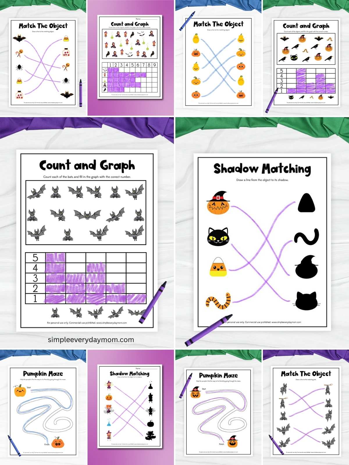 Collage of Halloween preschool worksheets featuring object matching, counting and graphing, shadow matching, and pumpkin maze activities with bats, pumpkins, candy corn, witches, and other seasonal images.