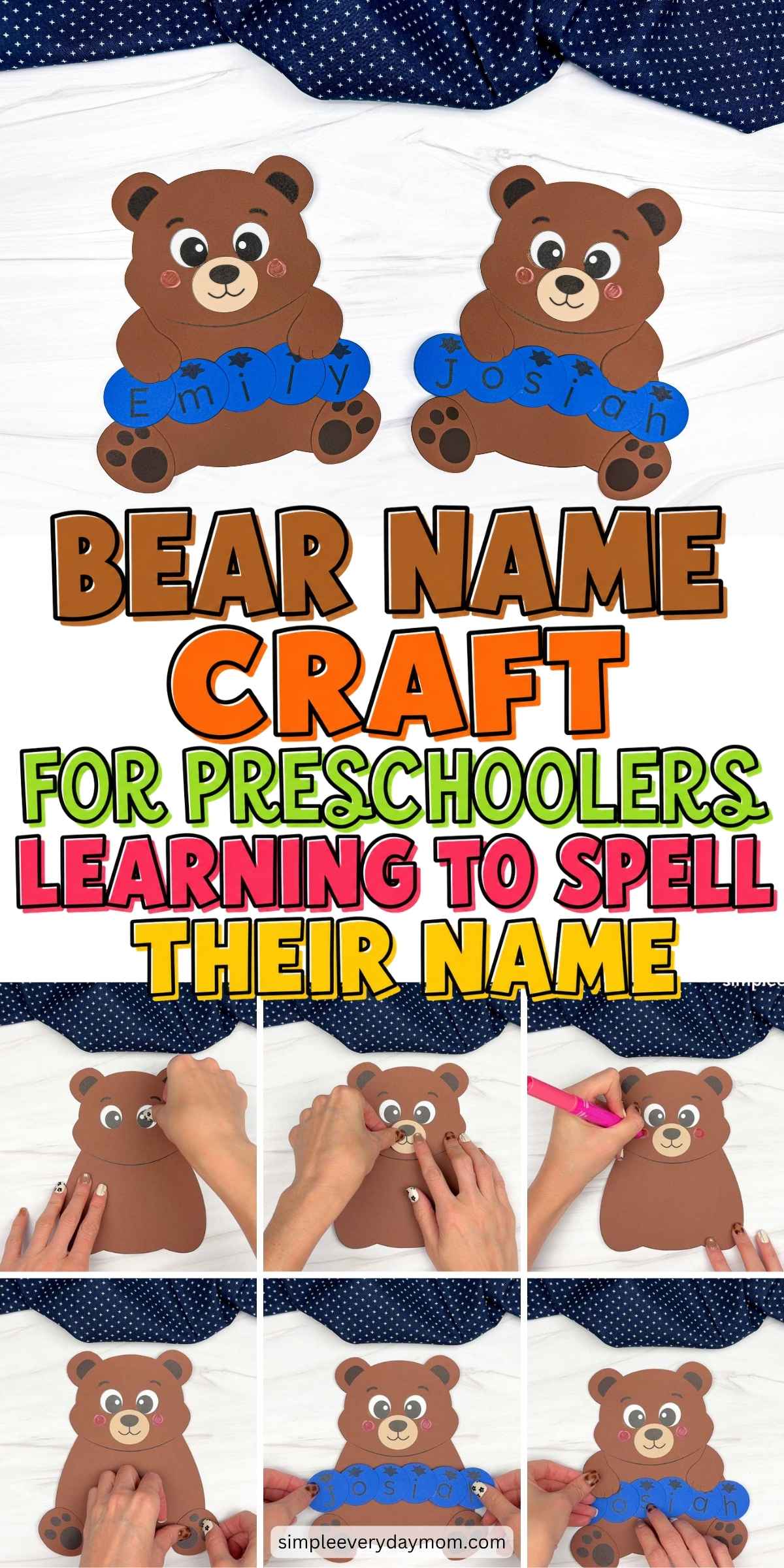 collage showing a bear name craft for preschoolers with completed examples and step-by-step assembly photos using letter pieces to spell names.