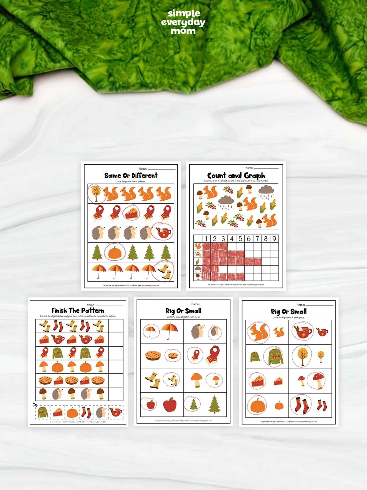 These printable fall worksheets provide a variety of engaging math and logic activities to help preschoolers build essential early learning skills. Kids can practice counting, graphing, patterns, comparing sizes, and identifying similarities and differences through colorful autumn-themed exercises. Perfect for preschool, pre-K, homeschool, classroom centers, small groups, or independent fall learning.