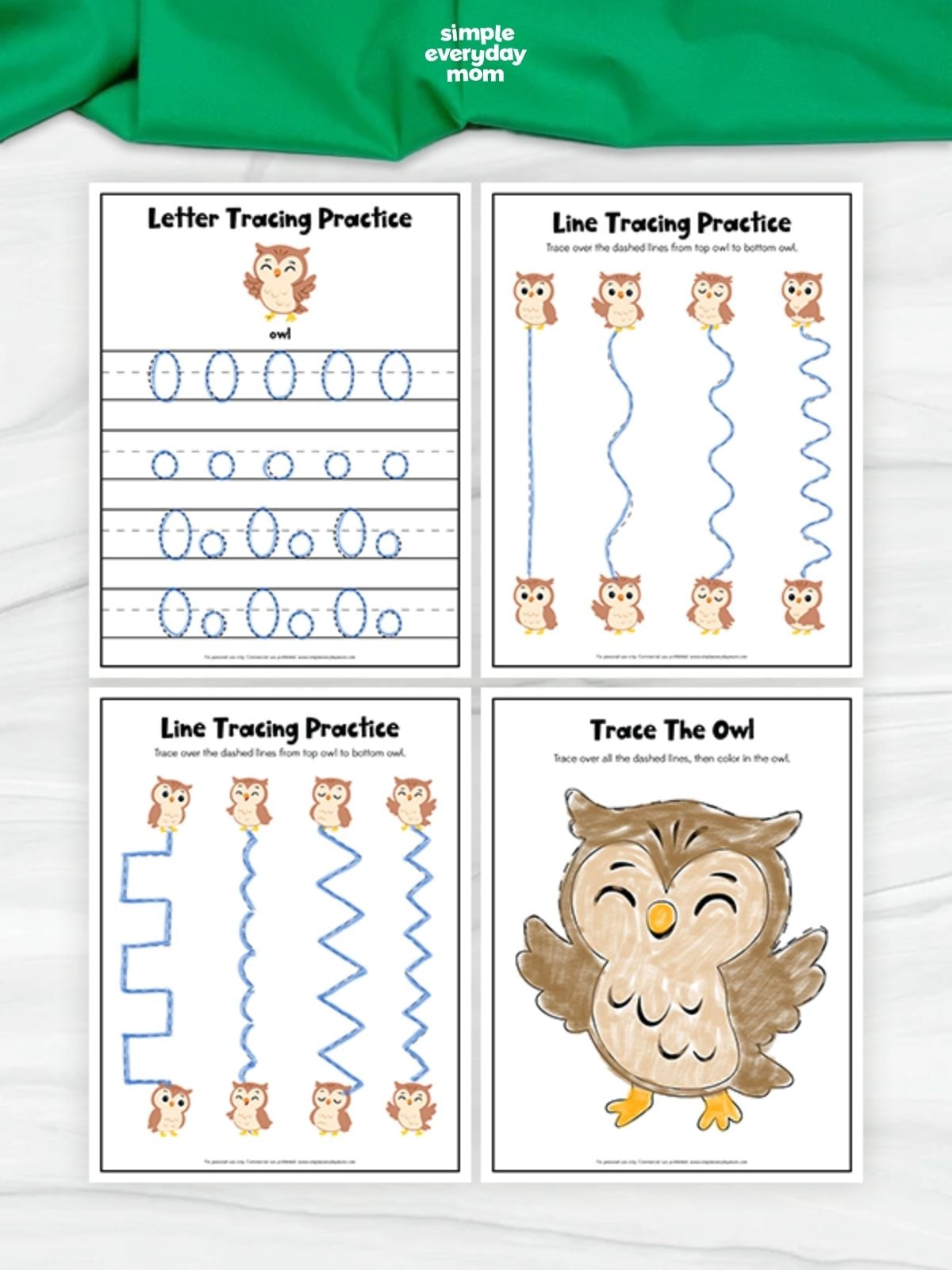 Preview of four owl-themed printable worksheets including letter O tracing, curved line tracing, zigzag line tracing, and a trace-and-color owl activity.