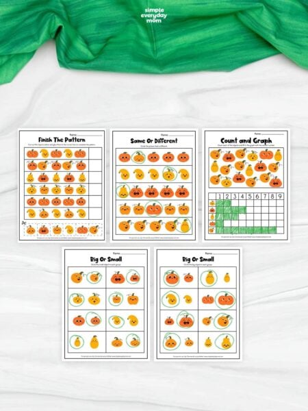 collage of five completed pumpkin activity worksheets featuring pattern completion, same or different, counting and graphing, and big or small exercises.