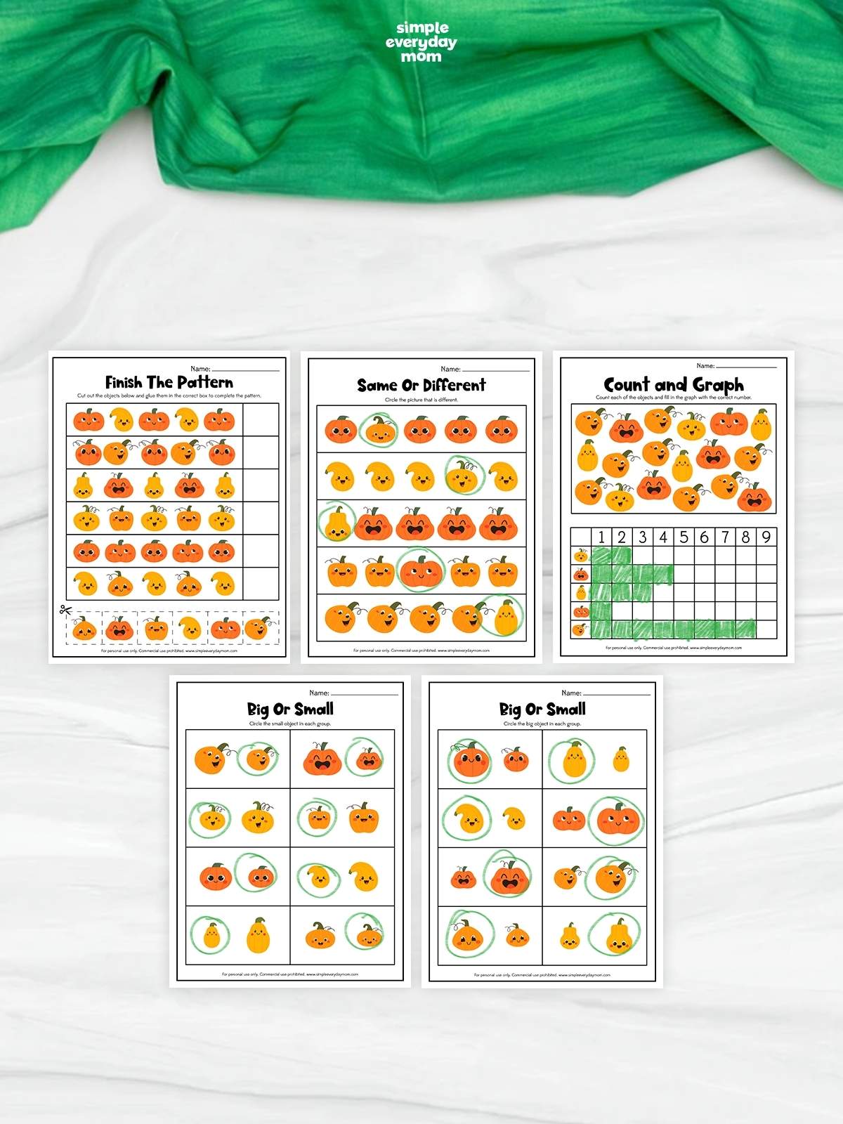 collage of five completed pumpkin activity worksheets featuring pattern completion, same or different, counting and graphing, and big or small exercises.