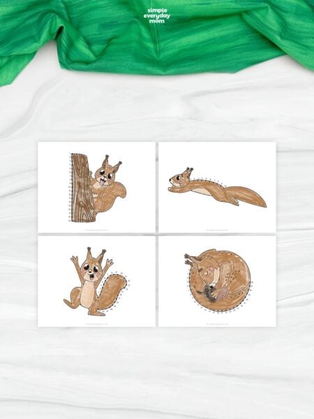 Collage of four squirrel connect-the-dots worksheets featuring squirrels climbing a tree, jumping, sitting, and curled up. Each activity includes numbered dots for children to connect in order and complete the squirrel illustration. The four printable pages are arranged in a grid on a white surface with green fabric above.