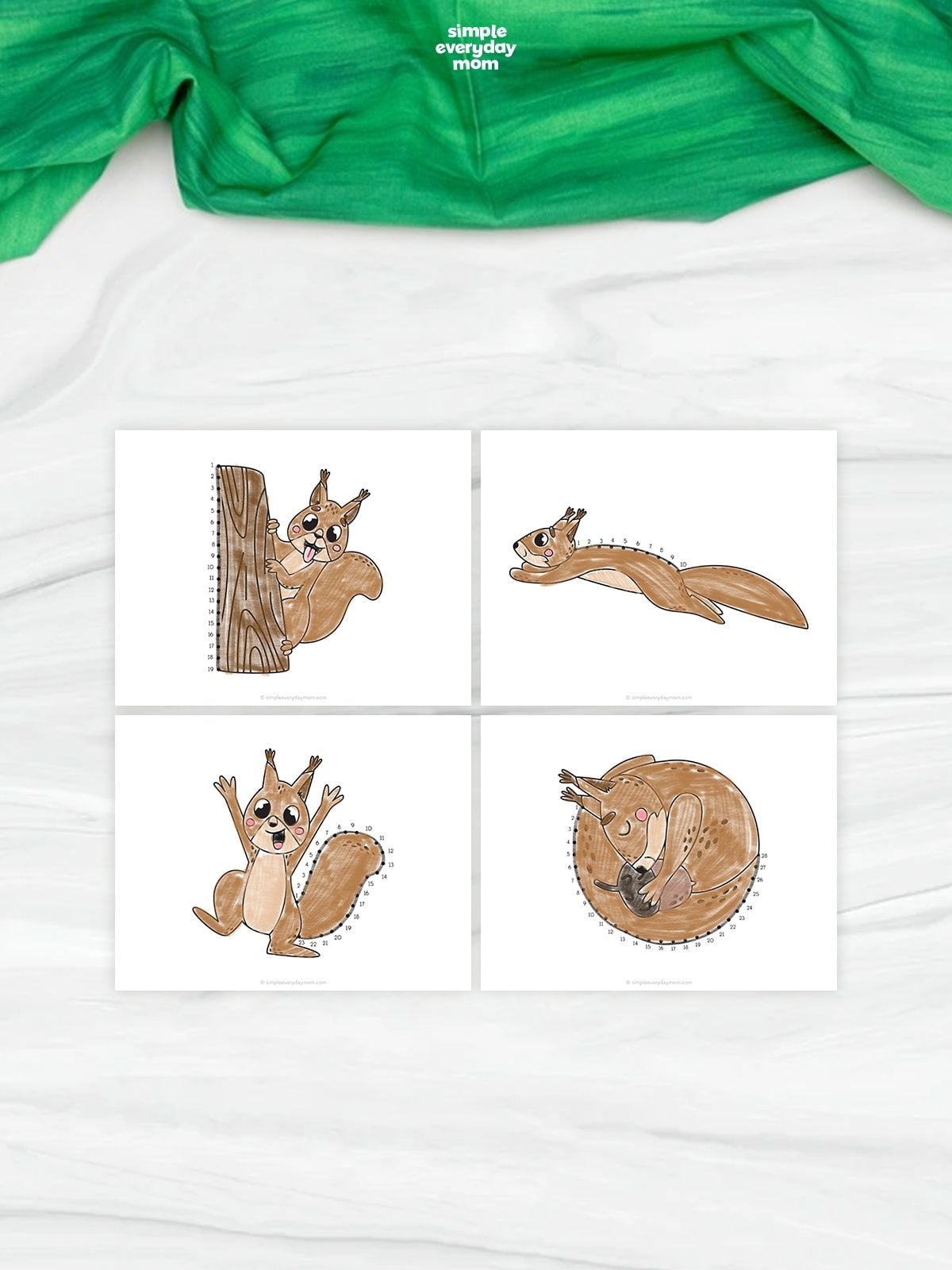 Collage of four squirrel connect-the-dots worksheets featuring squirrels climbing a tree, jumping, sitting, and curled up. Each activity includes numbered dots for children to connect in order and complete the squirrel illustration. The four printable pages are arranged in a grid on a white surface with green fabric above.