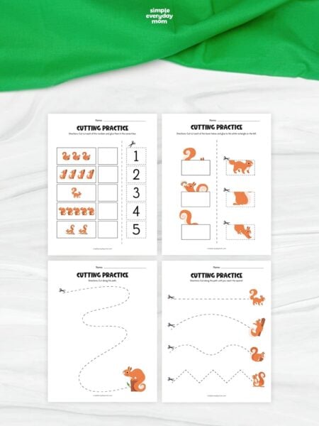 Collage of four squirrel cutting practice worksheets with counting, matching, and tracing activities. The printable pages feature orange squirrels, dashed cutting lines, numbers, and simple shapes for preschool scissor practice. The worksheets are arranged in a grid on a white surface with green fabric above.