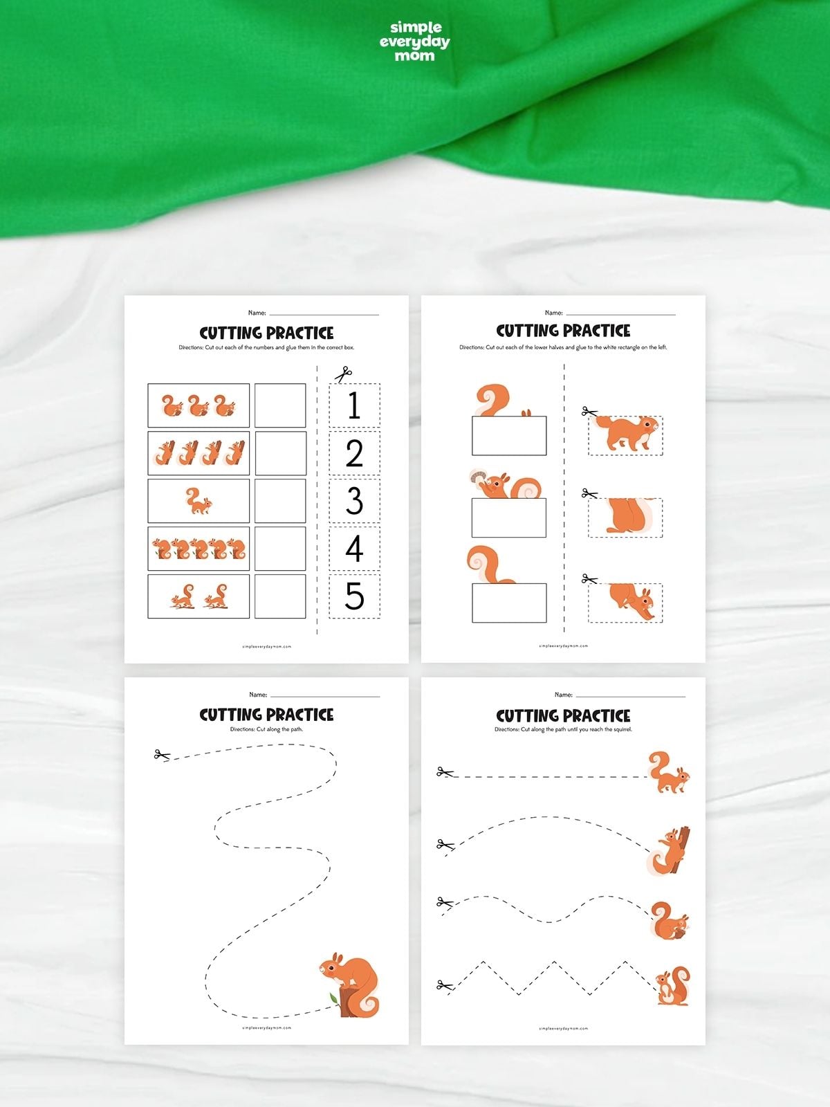 Collage of four squirrel cutting practice worksheets with counting, matching, and tracing activities. The printable pages feature orange squirrels, dashed cutting lines, numbers, and simple shapes for preschool scissor practice. The worksheets are arranged in a grid on a white surface with green fabric above.