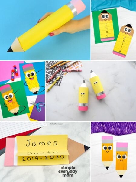This is a collection of creative pencil-themed crafts made from colorful paper and simple materials. The crafts include large pencils, name tags, bookmarks, and cute pencil characters with smiling faces and googly eyes. These fun and easy activities are perfect for back-to-school projects, classroom decorations, or children's art lessons.