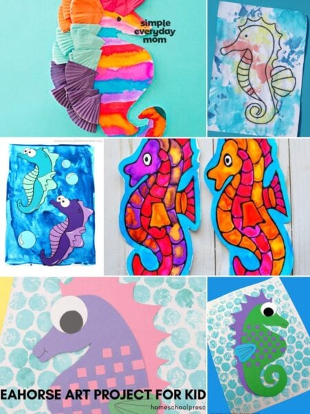 This image displays a collection of colorful seahorse art projects made using paper, paint, tissue paper, and other craft materials. Each seahorse has a unique design and bright colors, making the artwork fun, creative, and visually appealing. These ocean-themed crafts are perfect for children's classroom activities, art lessons, and learning about sea animals.