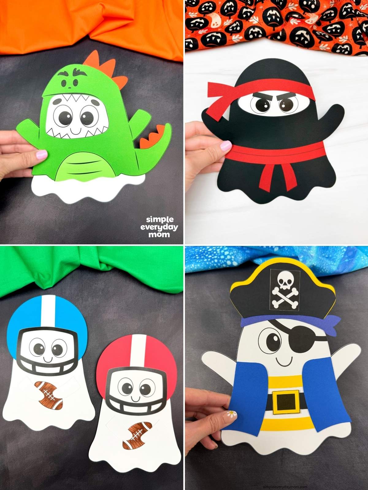 Collage of four ghost crafts dressed as a dinosaur, ninja, football players, and a pirate.