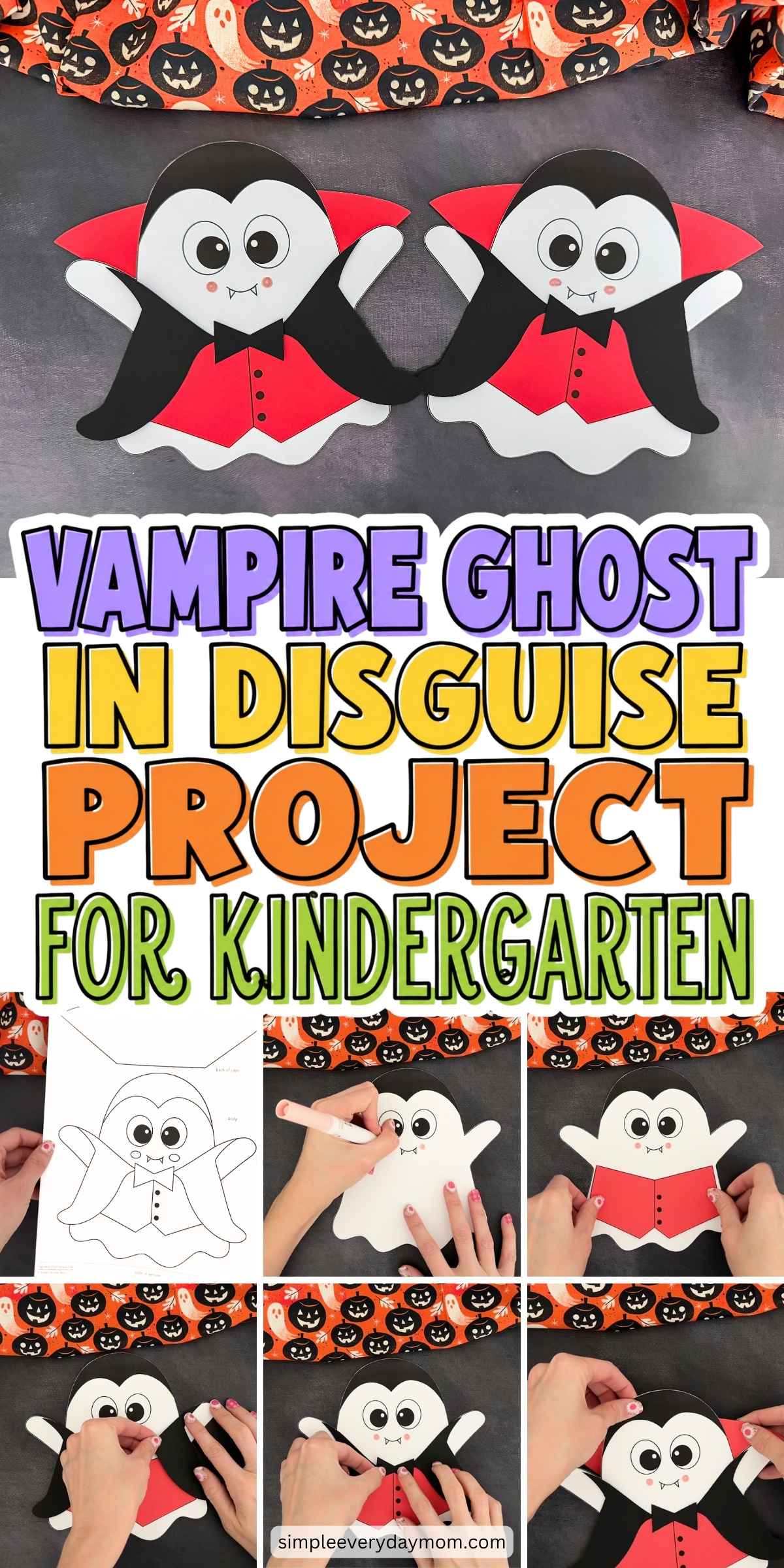 Collage of the Vampire Ghost Disguise Craft template, assembly steps, and two completed vampire ghost crafts wearing capes, vests, and bow ties.