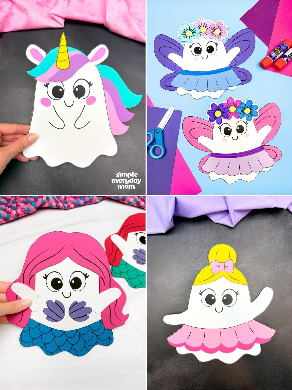 Collage of four ghost crafts styled as a unicorn, two fairies, a mermaid, and a ballerina.