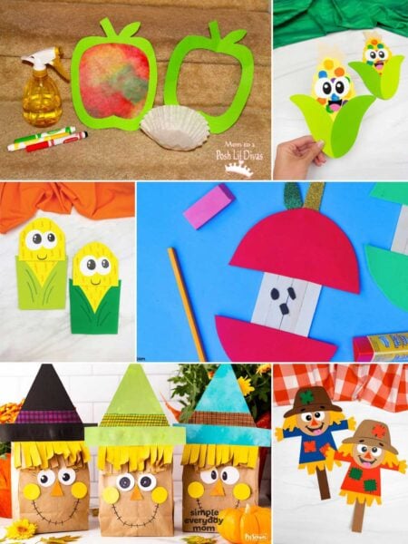 This collage features a collection of fun and colorful DIY crafts inspired by apples, corn, scarecrows, and other fall-themed designs. Made with simple supplies like construction paper, paper bags, coffee filters, and craft sticks, these projects are easy for young children to assemble. They are perfect for autumn classroom activities, preschool learning, or creative family crafting at home.