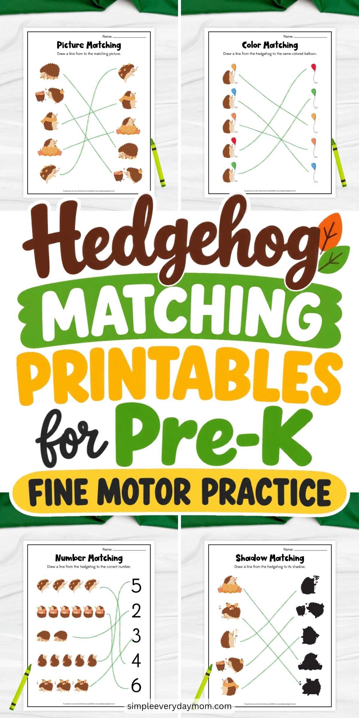 Collage of four hedgehog matching worksheets featuring picture, color, number, and shadow activities. Children practice matching hedgehogs with identical pictures, colored balloons, numbers, and silhouettes. Large text in the center reads “Hedgehog Matching Printables for Pre-K Fine Motor Practice.”