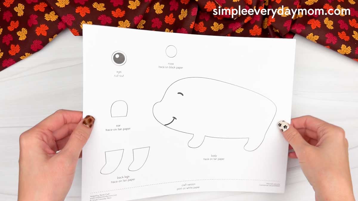 Hands holding a printable hedgehog craft template with body, eye, nose, ear, and back leg pieces.