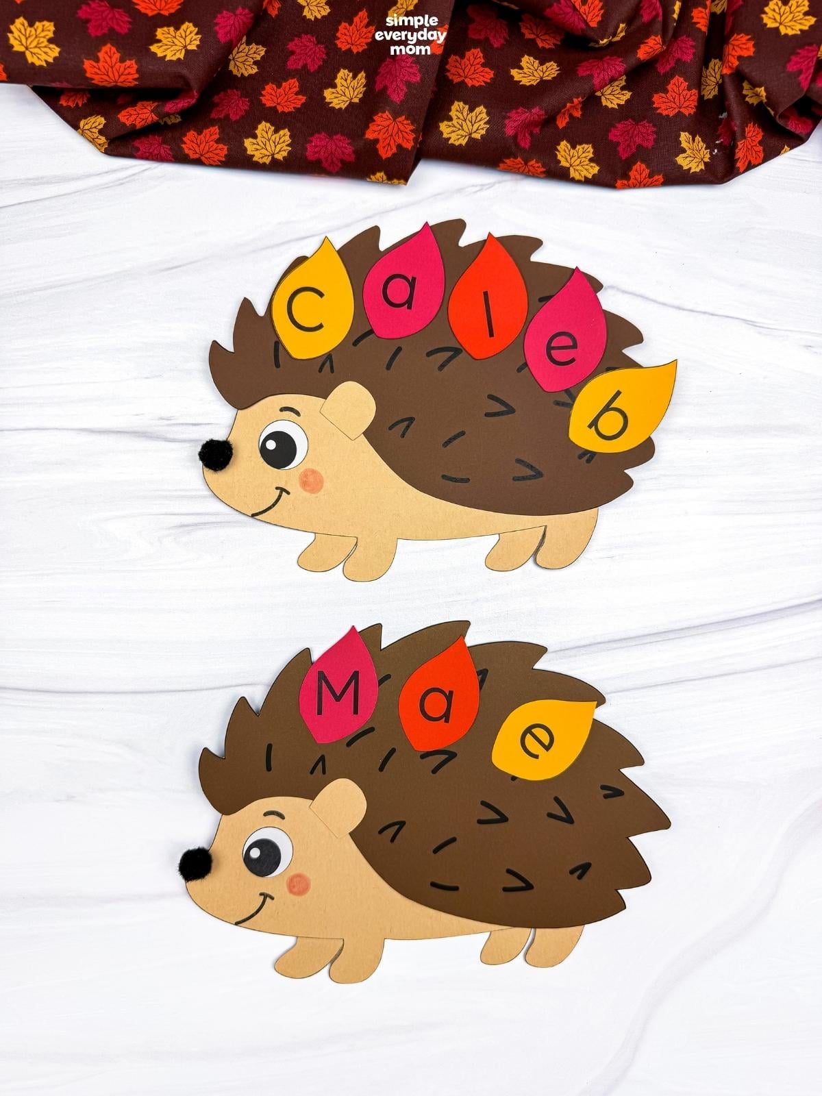 A completed Craft showing two hedgehog name crafts with colorful lettered leaves spelling each child’s name.