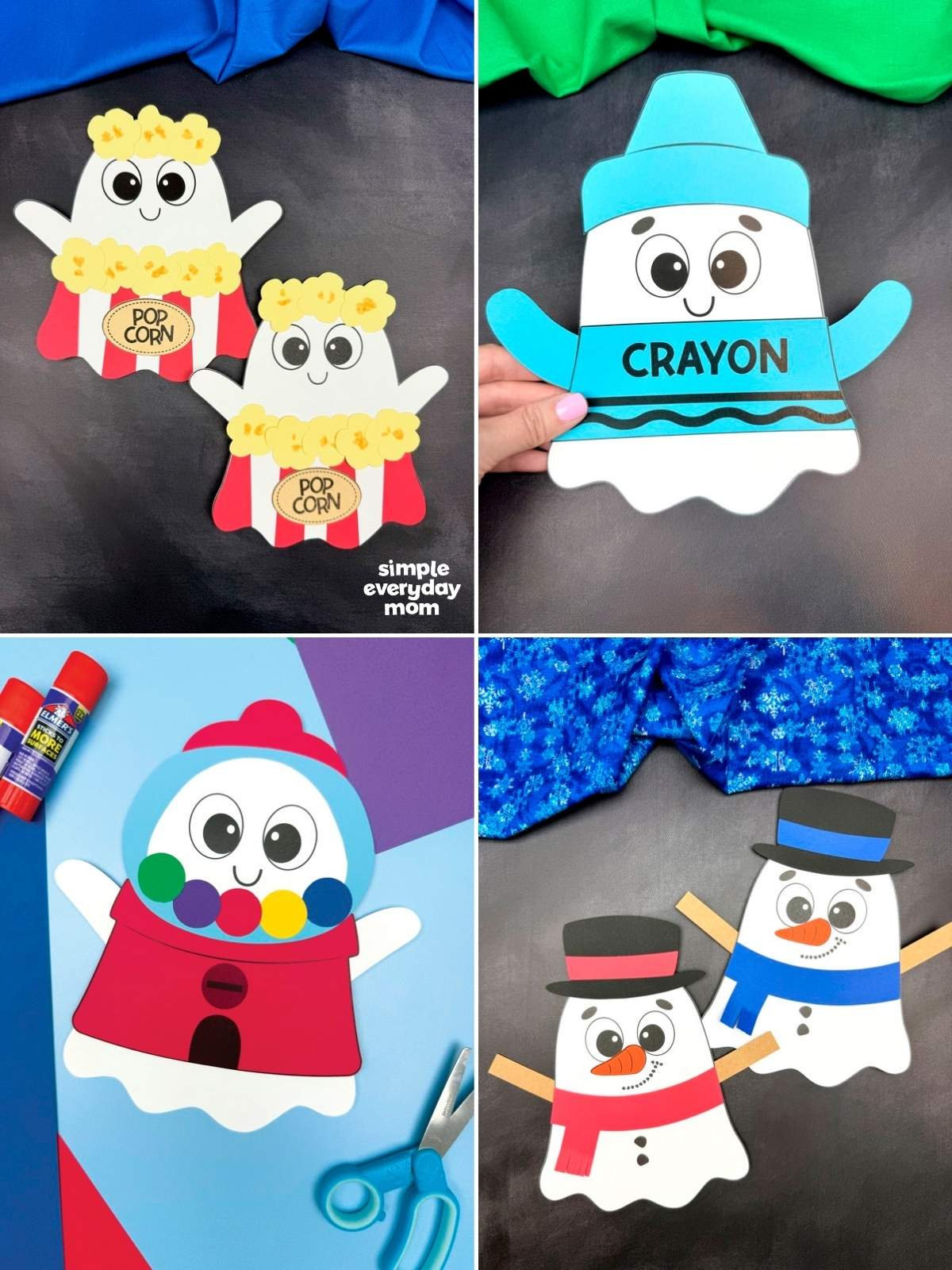 Collage of four ghost crafts dressed as popcorn containers, a blue crayon, a gumball machine, and snowmen.
