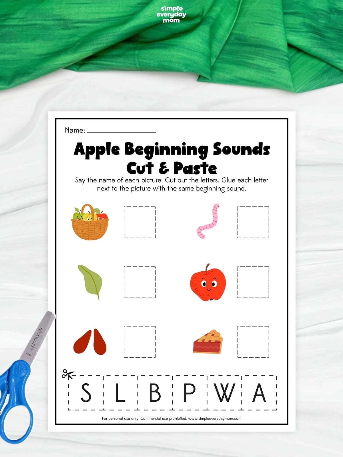 Apple beginning-sounds cut-and-paste worksheet with six picture prompts and letter choices.