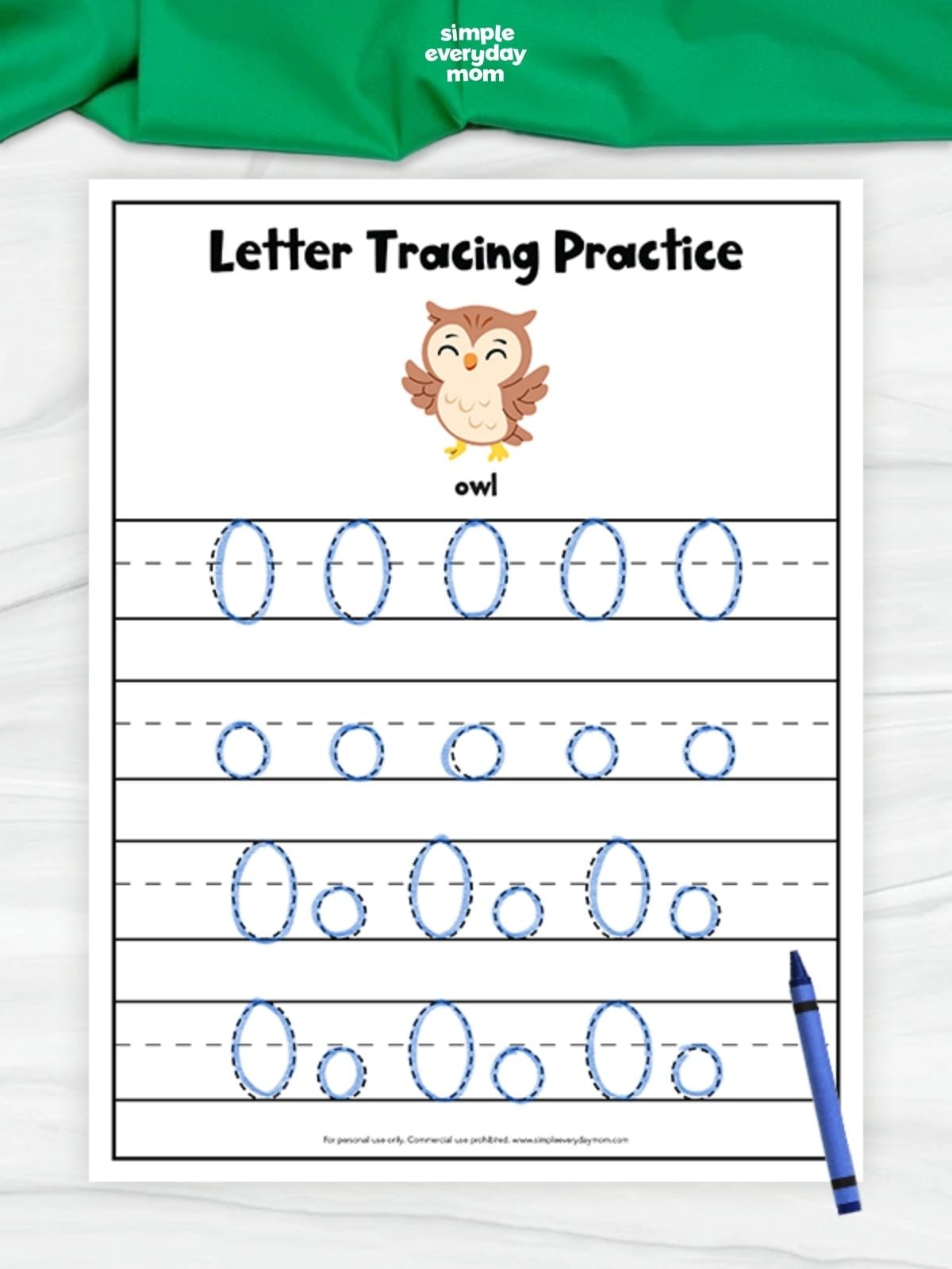 Letter O tracing worksheet featuring uppercase and lowercase O practice with dashed tracing lines and a small owl illustration labeled "owl."