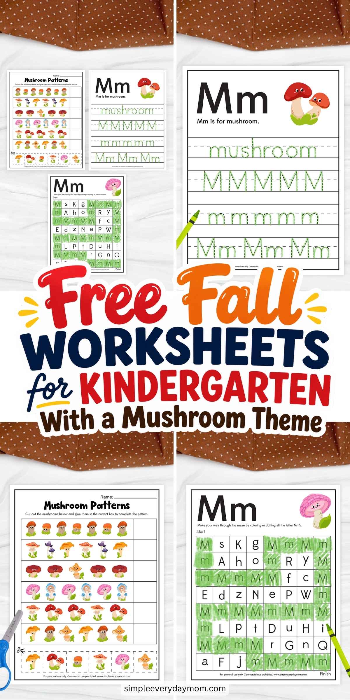 These free fall-themed worksheets with a fun mushroom theme help children build early literacy, handwriting, and pattern recognition skills through engaging activities. Kids can practice tracing the letter M, completing colorful mushroom patterns, and finding uppercase and lowercase M in a letter maze while strengthening fine motor skills. Perfect for preschool and kindergarten learners, these printable worksheets make fall learning fun at home or in the classroom.