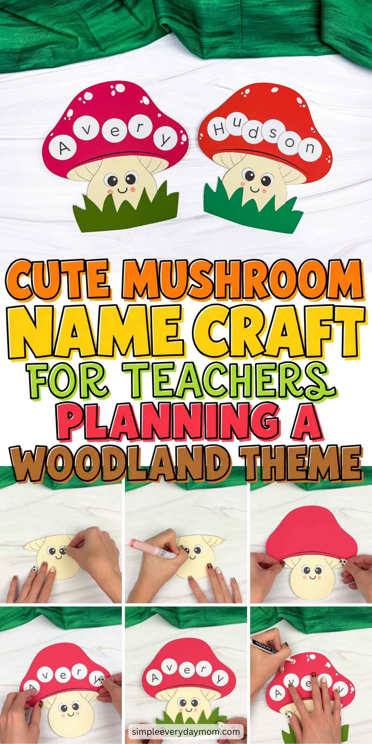 Collage showing completed Avery and Hudson mushroom name crafts with step-by-step assembly photos and woodland theme text.