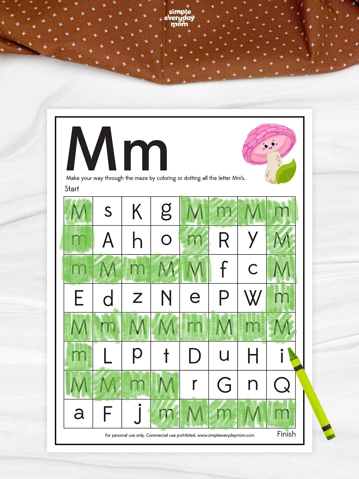 The "Letter M Maze" worksheet helps children identify and follow uppercase and lowercase M through a fun letter maze activity. As they color or trace each M, kids strengthen letter recognition, visual discrimination, and concentration while reinforcing early literacy skills. This engaging printable is perfect for preschool and kindergarten learners to practice the letter M at home or in the classroom.
