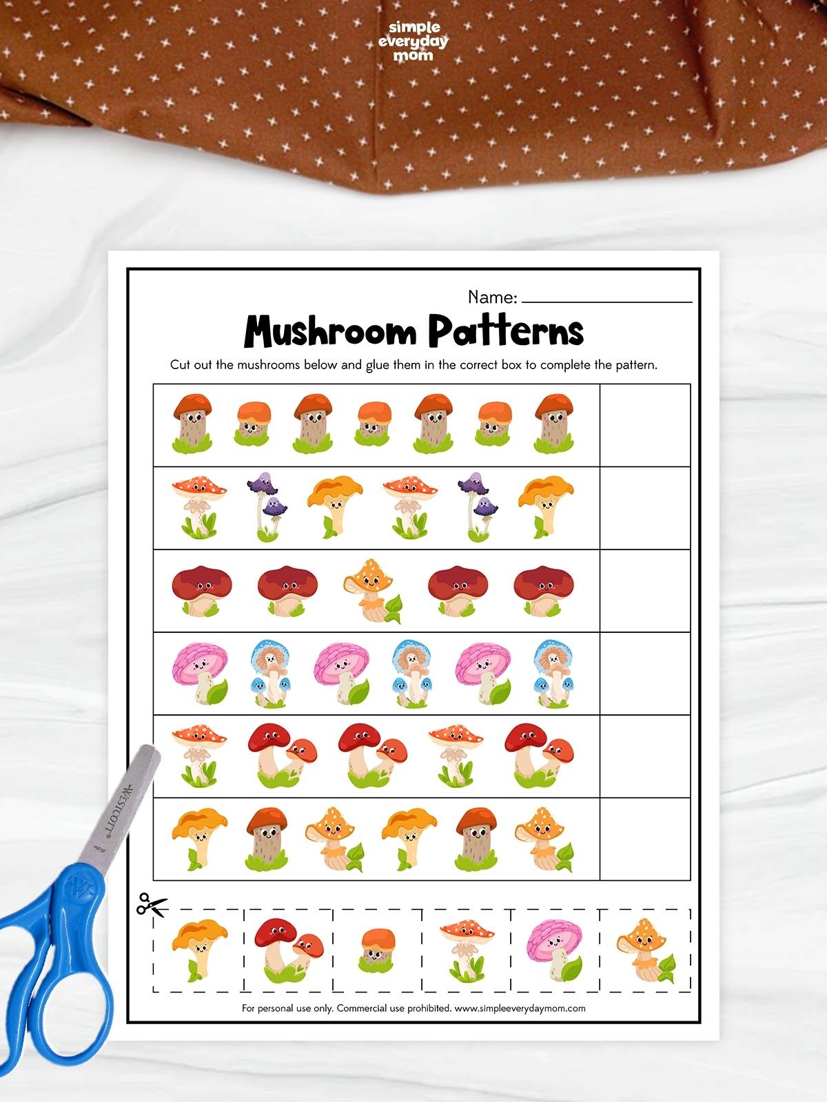 The "Mushroom Patterns" worksheet helps children recognize and complete repeating patterns using colorful mushroom illustrations. By cutting and pasting the correct pictures, kids strengthen pattern recognition, logical thinking, and fine motor skills through hands-on learning. This fun printable activity is perfect for preschool and kindergarten learners at home or in the classroom.