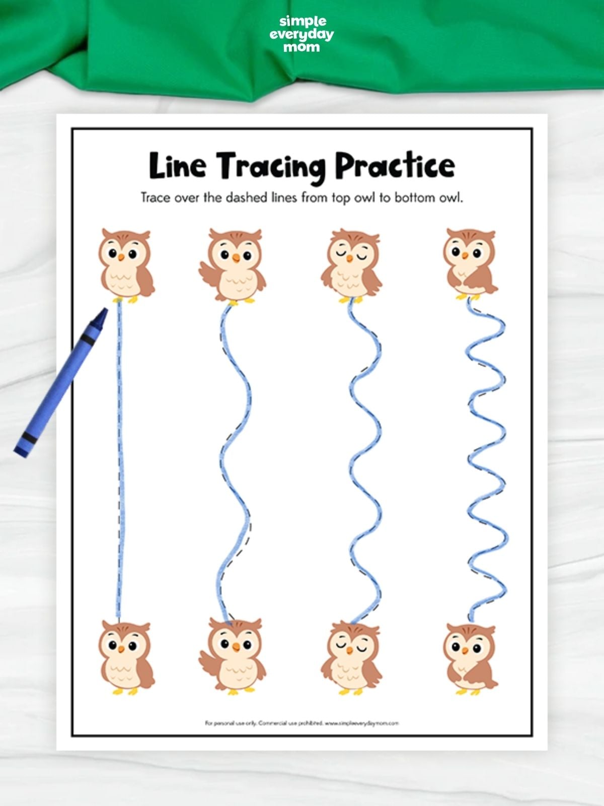 Owl line tracing worksheet with four vertical tracing paths of increasing difficulty, where children trace dashed lines from the top owl to the matching owl at the bottom.