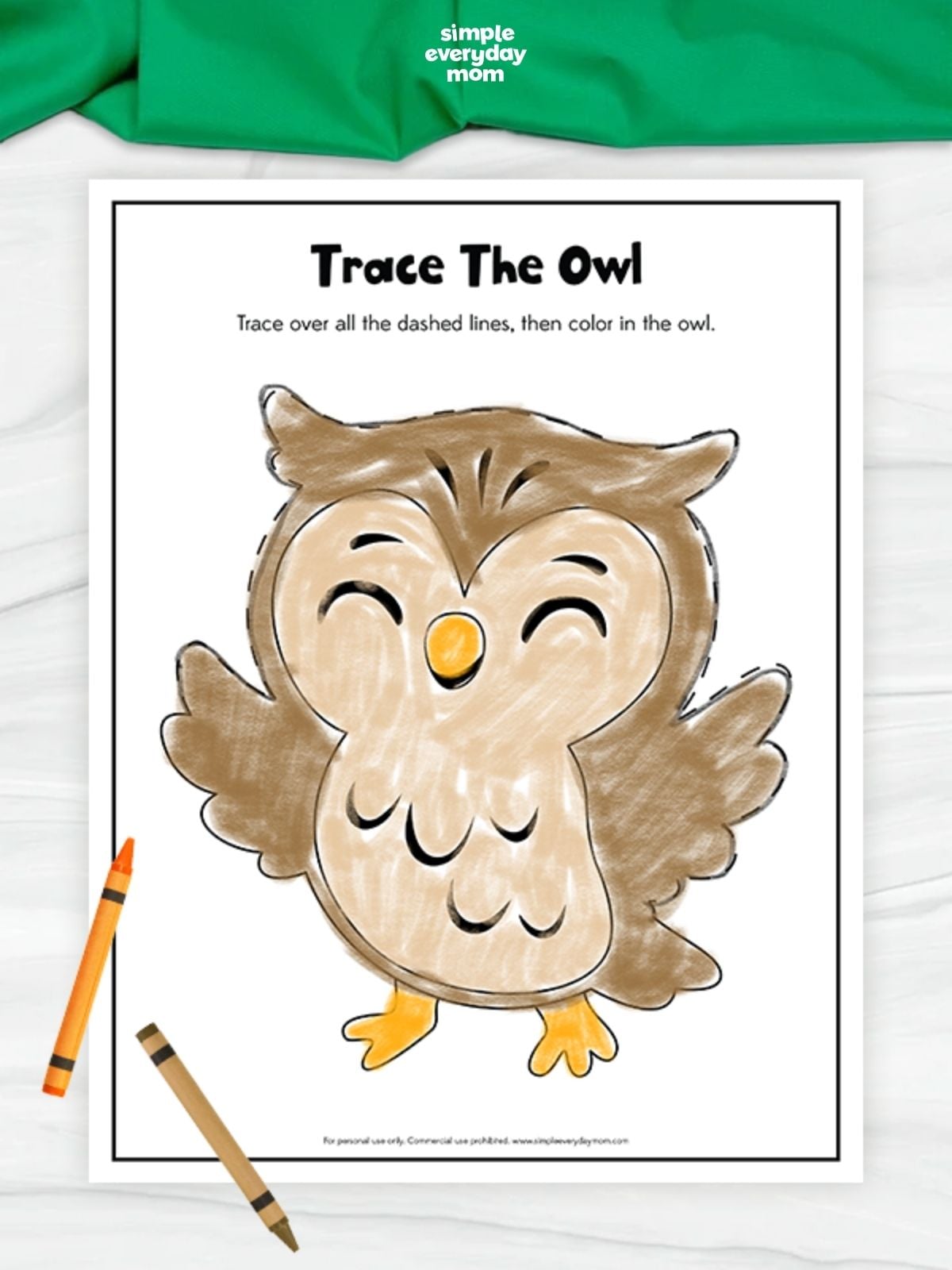 Owl tracing worksheet with a large dashed owl outline for children to trace and color, designed to develop fine motor and pencil control skills.