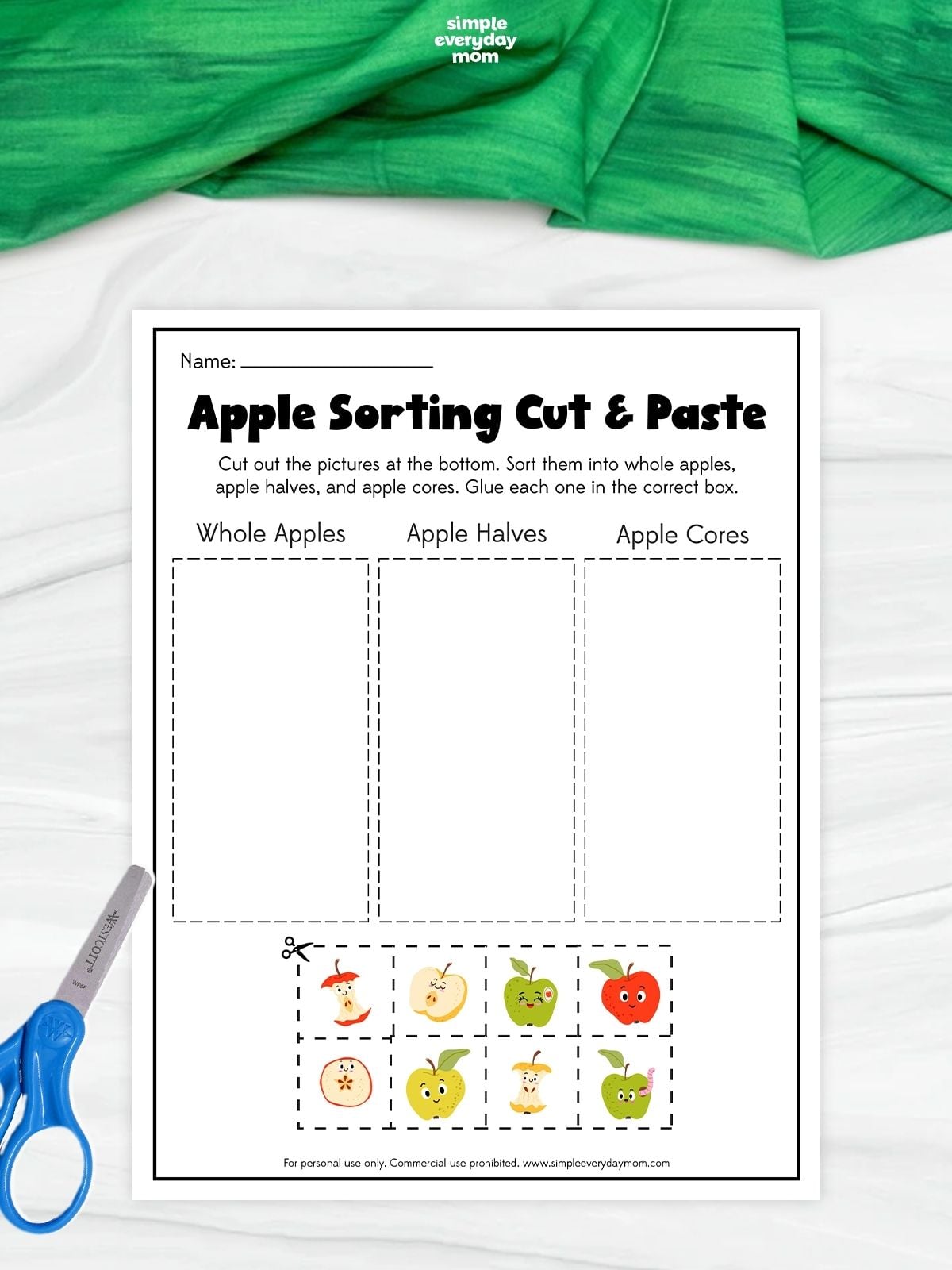Apple sorting cut-and-paste worksheet with sections for whole apples, apple halves, and apple cores.