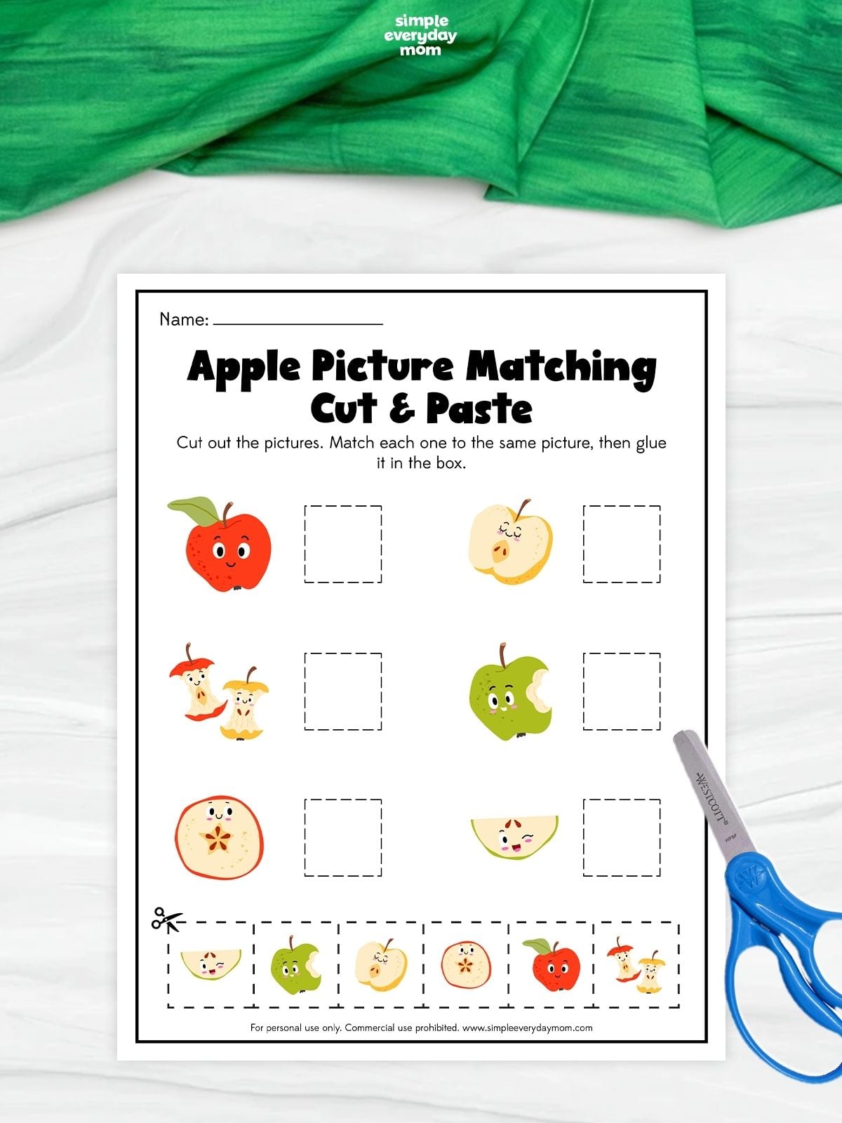 Apple picture-matching cut-and-paste worksheet with six apple-themed images and matching pieces.