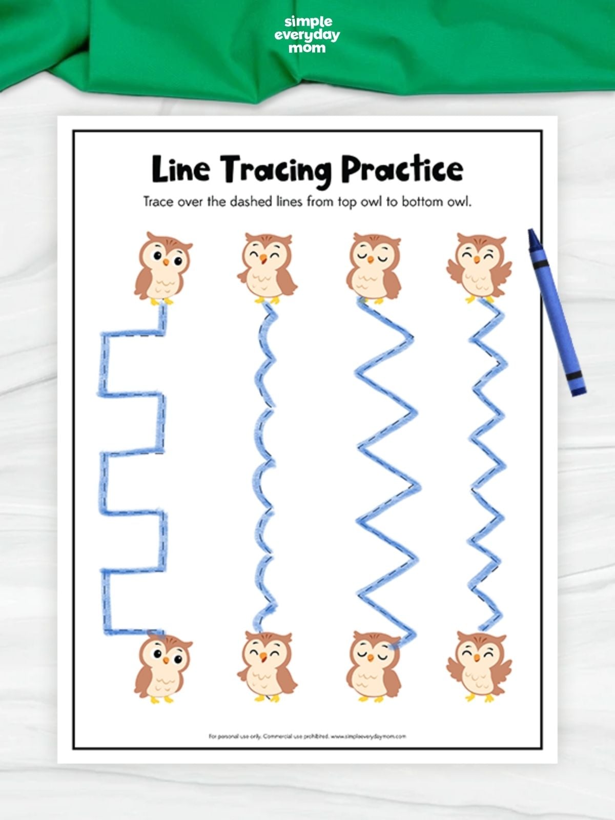 Owl line tracing worksheet featuring four dashed tracing paths with stepped, wavy, and zigzag lines connecting owls from top to bottom to build fine motor skills.