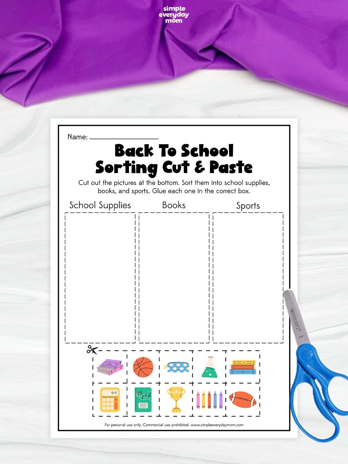 Back-to-school sorting cut-and-paste worksheet with three categories—school supplies, books, and sports—and picture cutouts at the bottom for students to sort and glue into the correct boxes.