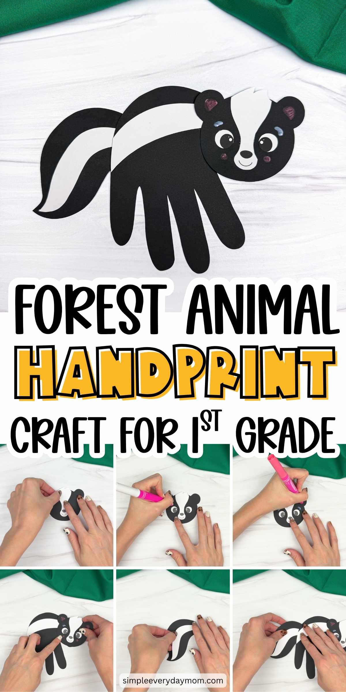 collage showing a completed skunk handprint craft and steps for assembling and decorating it.