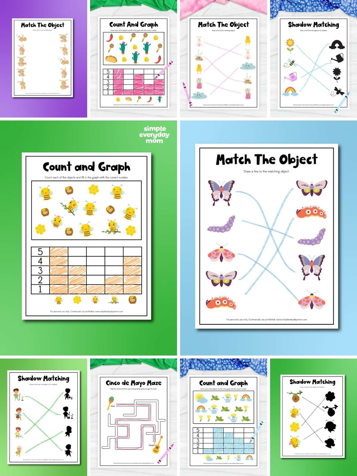 Collage of seasonal preschool worksheets featuring object matching, counting and graphing, shadow matching, and a Cinco de Mayo maze.