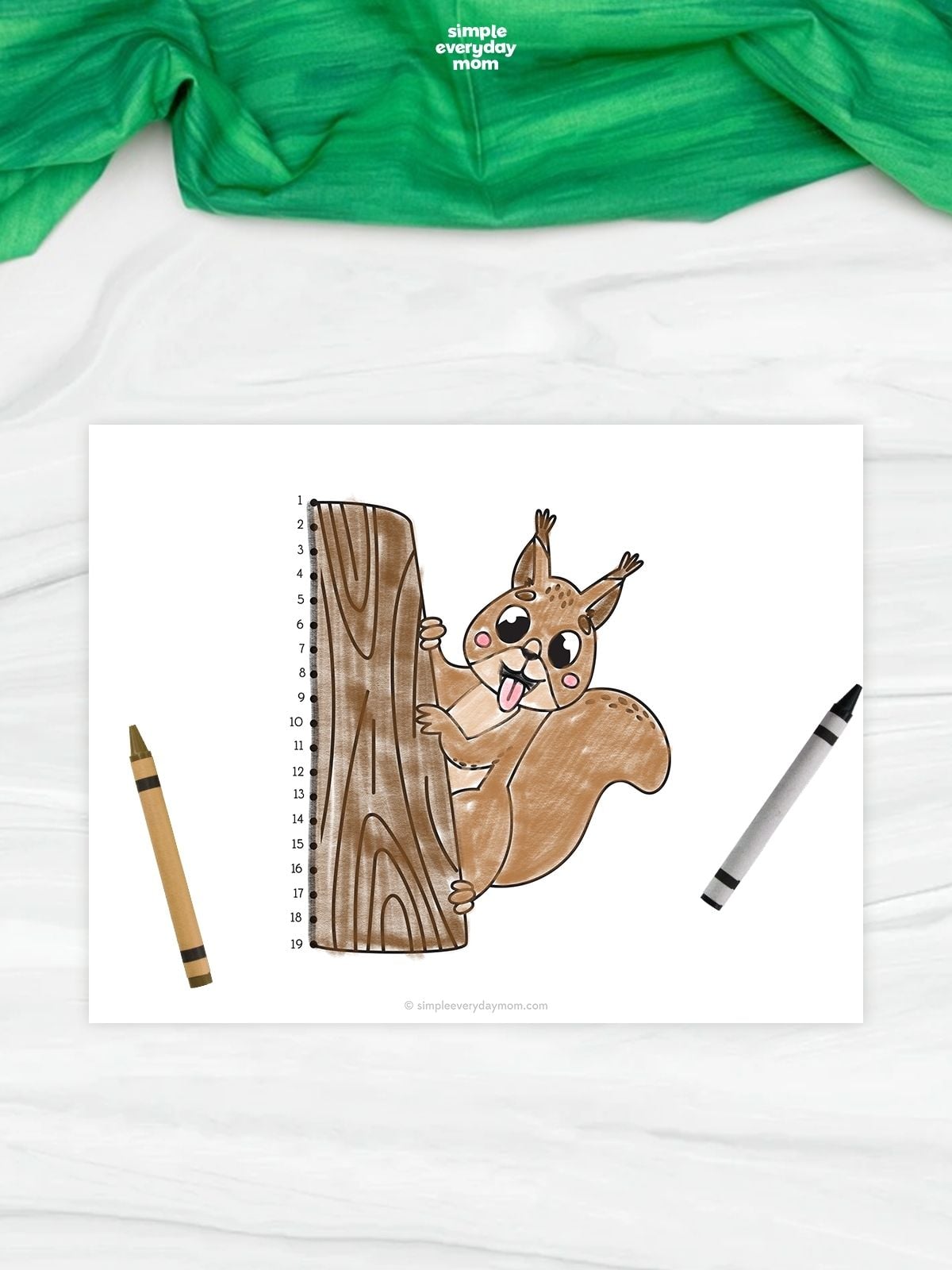 A completed squirrel connect-the-dots worksheet featuring a playful squirrel climbing a tree trunk. Numbered dots from 1 to 19 run along the side of the tree for number order practice. Brown and black crayons rest beside the finished activity.