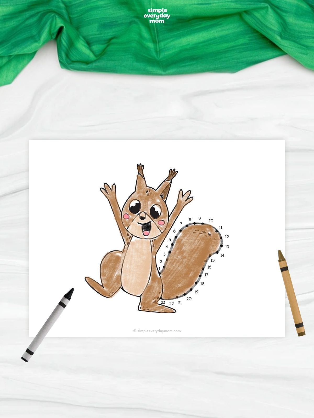 A completed squirrel connect-the-dots worksheet featuring a cheerful squirrel with its arms raised and a large bushy tail. Numbered dots from 1 to 23 outline the tail, with brown and black crayons beside the activity.