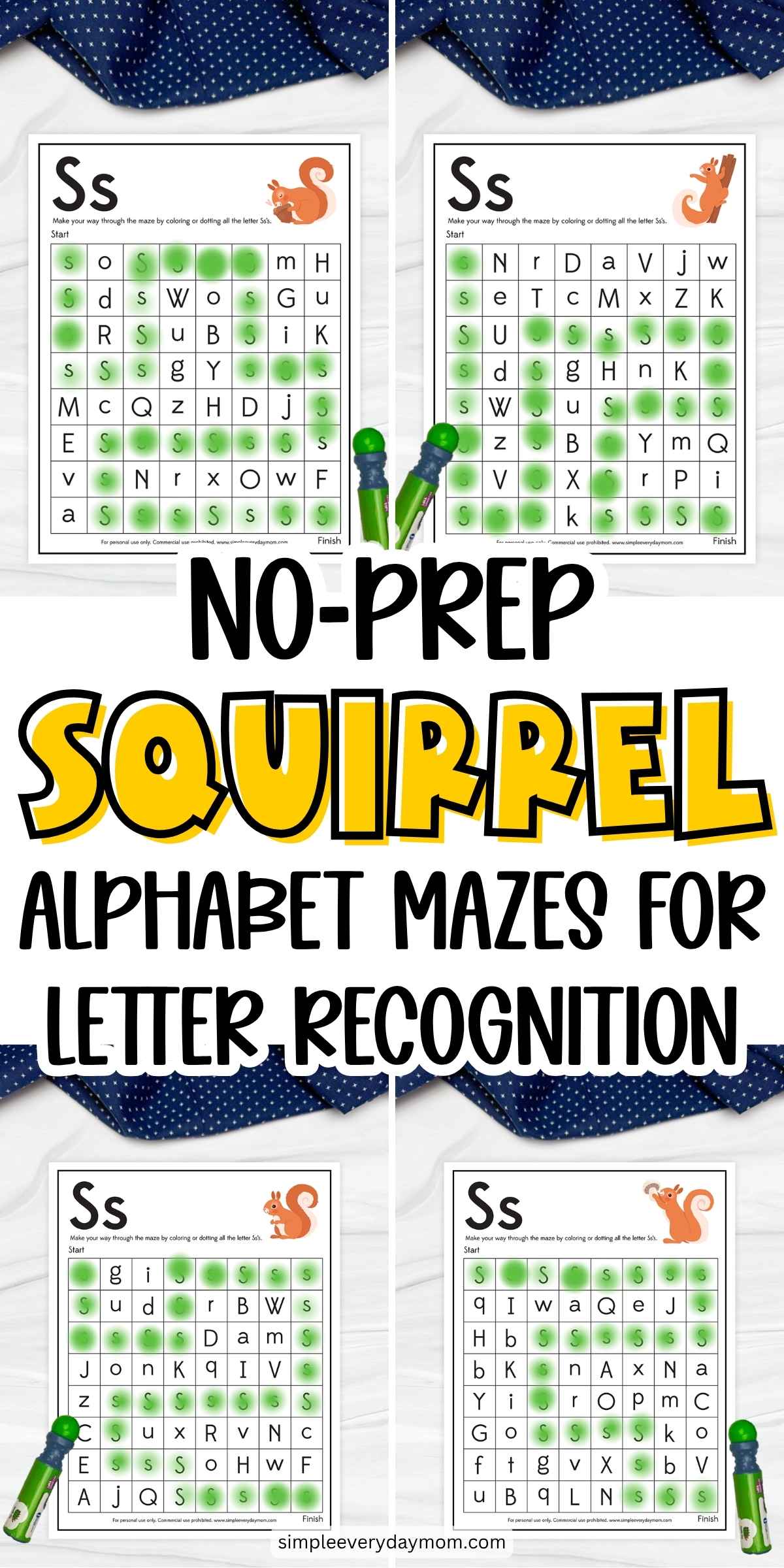 Promotional collage for no-prep squirrel alphabet mazes for letter recognition, showing four letter S worksheets with squirrel illustrations and green dotted paths through mixed-letter grids.