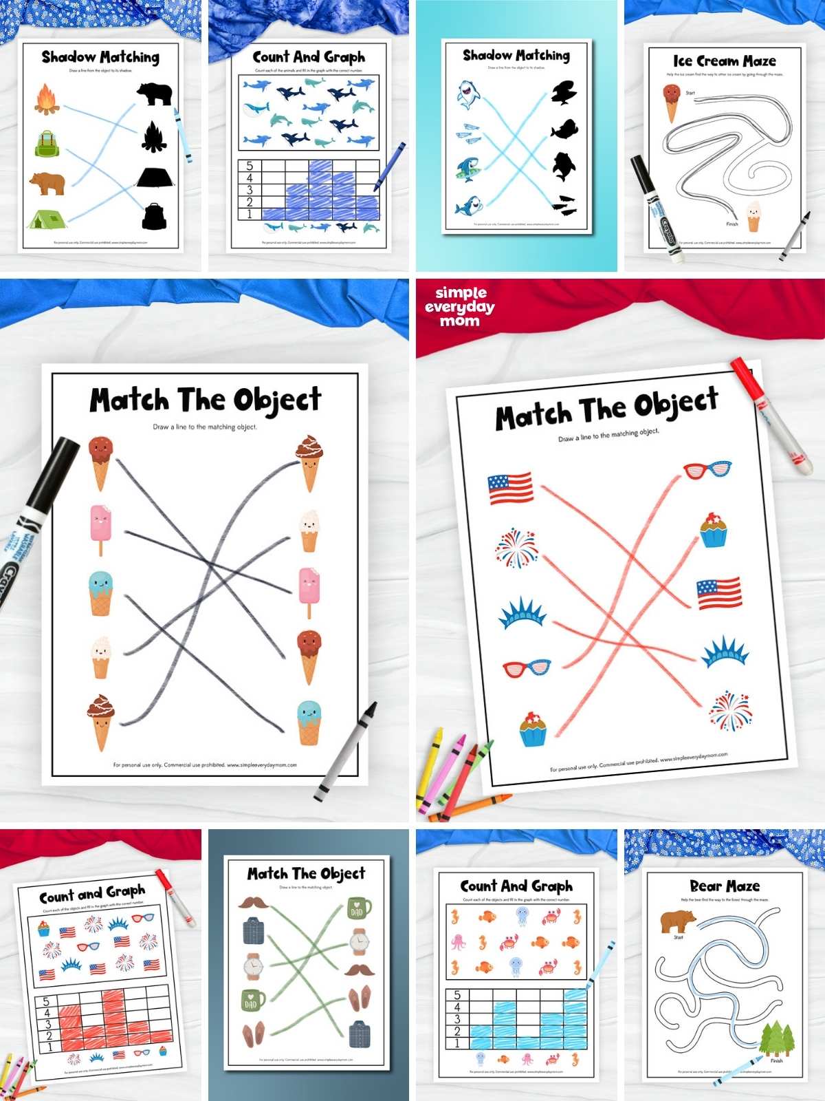 Collage of printable worksheets featuring camping shadow matching, shark counting and graphing, an ice cream maze, object matching, and a bear maze.