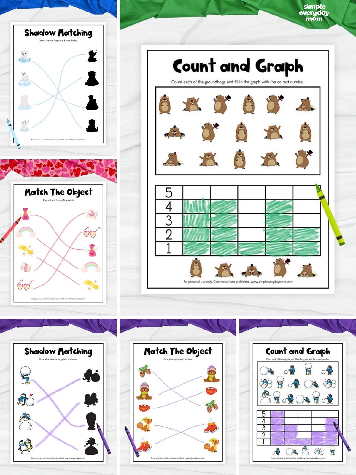 Collage of preschool worksheets featuring polar bear shadow matching, groundhog counting and graphing, winter object matching, penguin shadow matching, and penguin graphing activities.